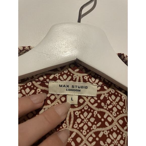 MAX STUDIO Red Pink Print Mini Shift Crepe Dress Large Coquette Flowy Boho - Picture 3 of 7